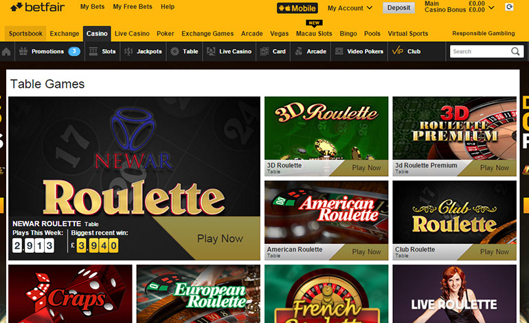 Betfair Casino Webpage